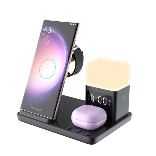 Lelantus 6-in-1 Wireless Charging Stand with Night Lamp & Clock