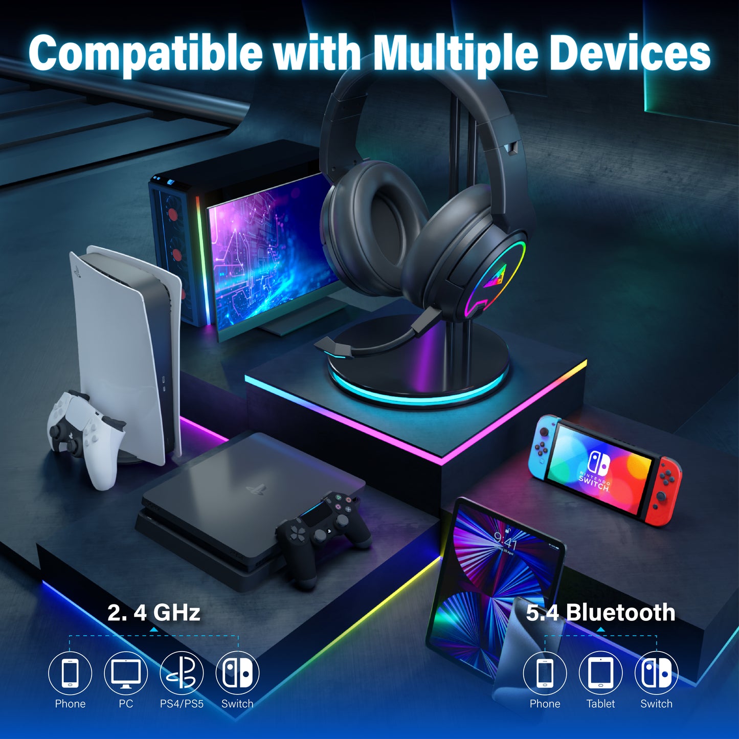 2.4G Wireless Ultralight RGB Gaming Headset On-Ear Headphones