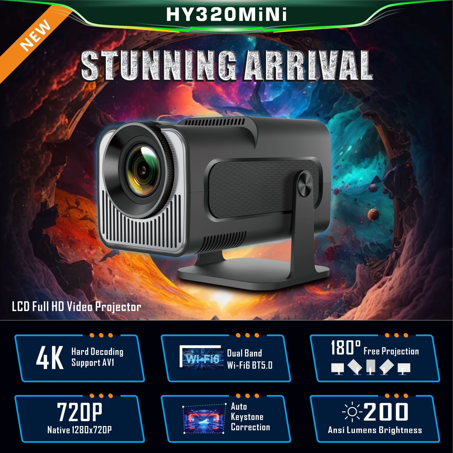 HY320 Mini Smart Projector – Portable 1080p Home Entertainment with Android 11
