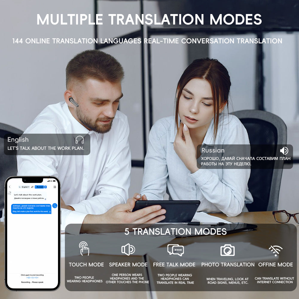 Mini Wireless 4-Mode Bluetooth Earphones with 6-Mic AI Real-Time Translator – Smart Communication Made Simple