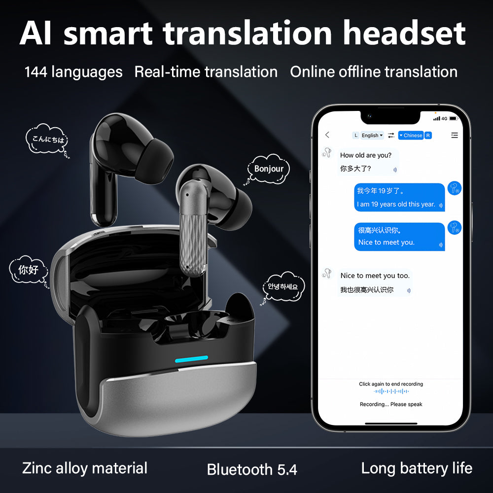 Mini Wireless 4-Mode Bluetooth Earphones with 6-Mic AI Real-Time Translator – Smart Communication Made Simple