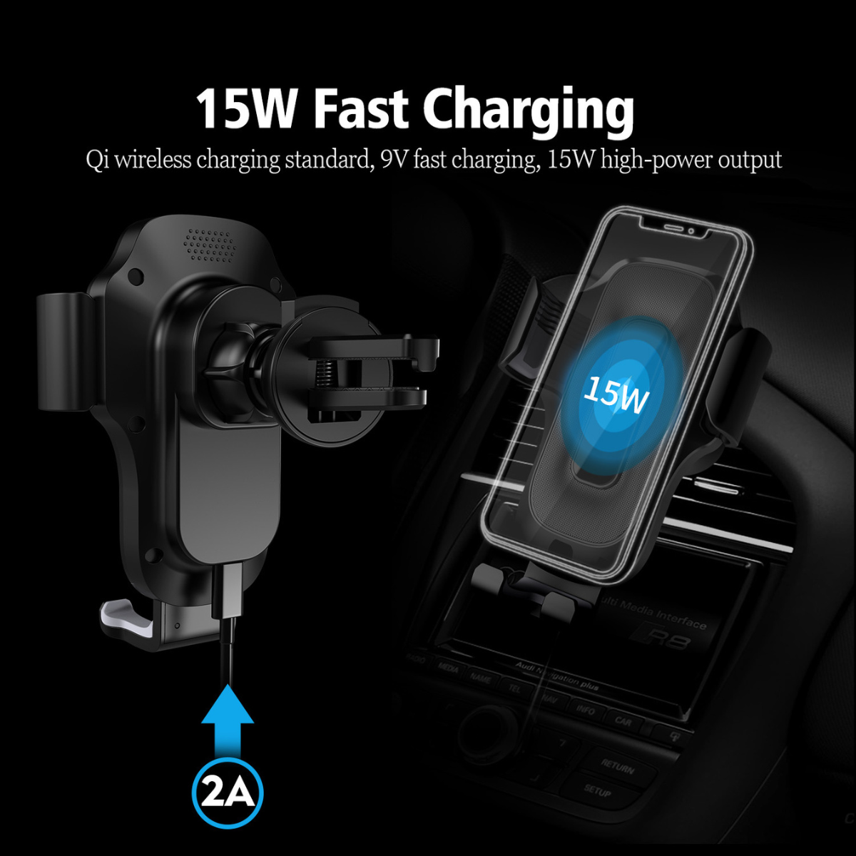 Smart 15W Wireless Car Charger & Phone Holder